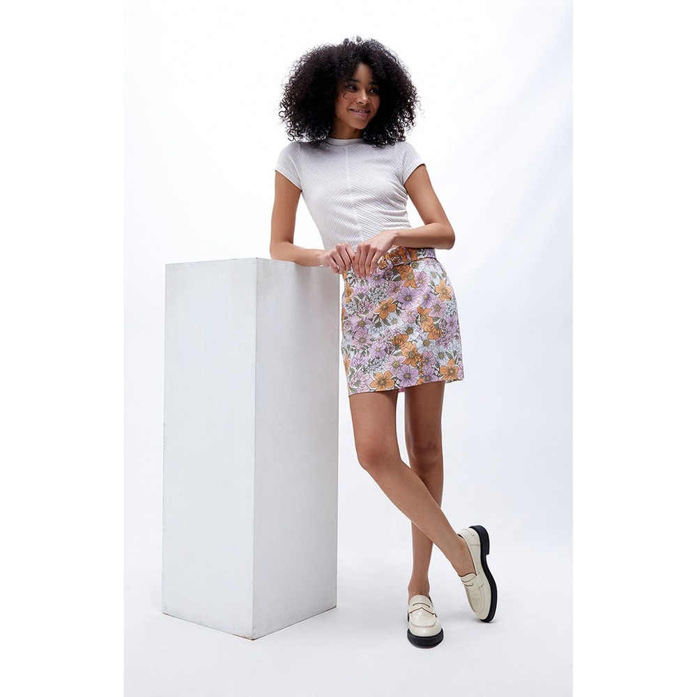 Minkpink Floral Belted Mini Skirt Pink Orange Retro 70s Boho High Waist Medium